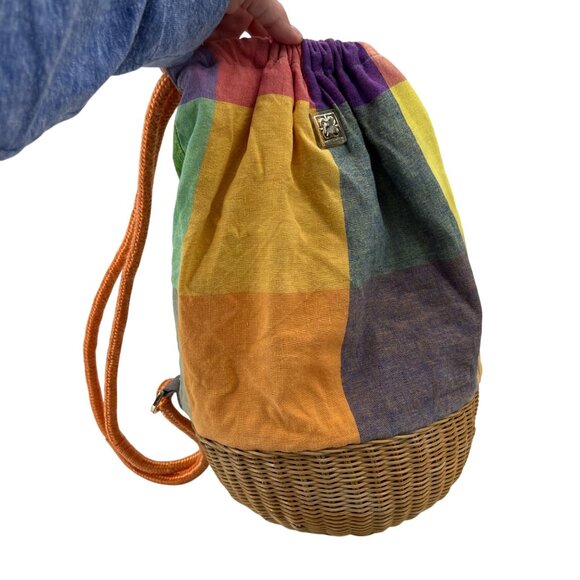Liz Claiborne Colorful Plaid Drawstring Bag With Wicker Base & Orange Rope Strap - Picture 4 of 9